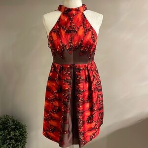 NWOT TIBI SILK mini OPEN BACK high COLLAR halter Multi red brown pleat front 0